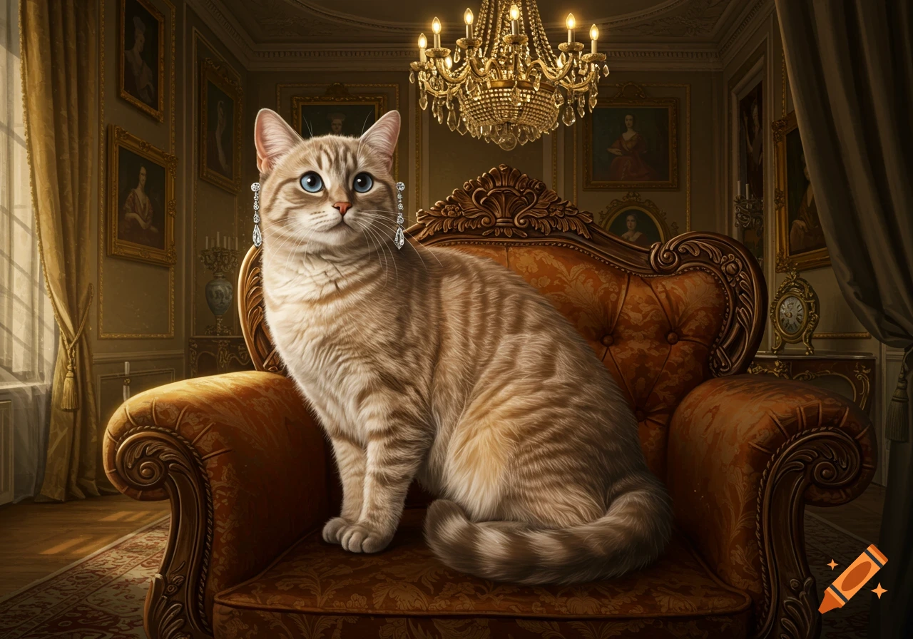 A photorealistic tabby cat with blue eyes and diamond earrings sits on an ornate chair in a luxurious room with a chandelier.