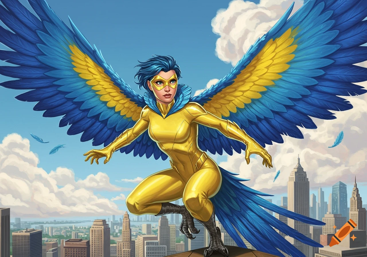 A superheroine with blue hair, yellow mask, golden suit, large blue and yellow parrot wings and talons, on a city rooftop.