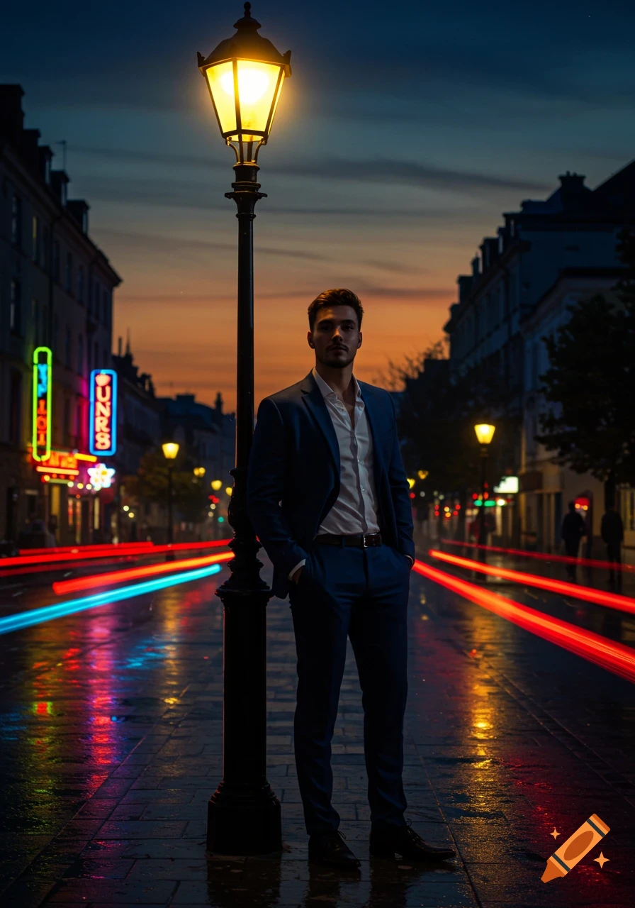 A man in a suit stands by a lamppost on a wet city street at dusk, with red and blue light trails.