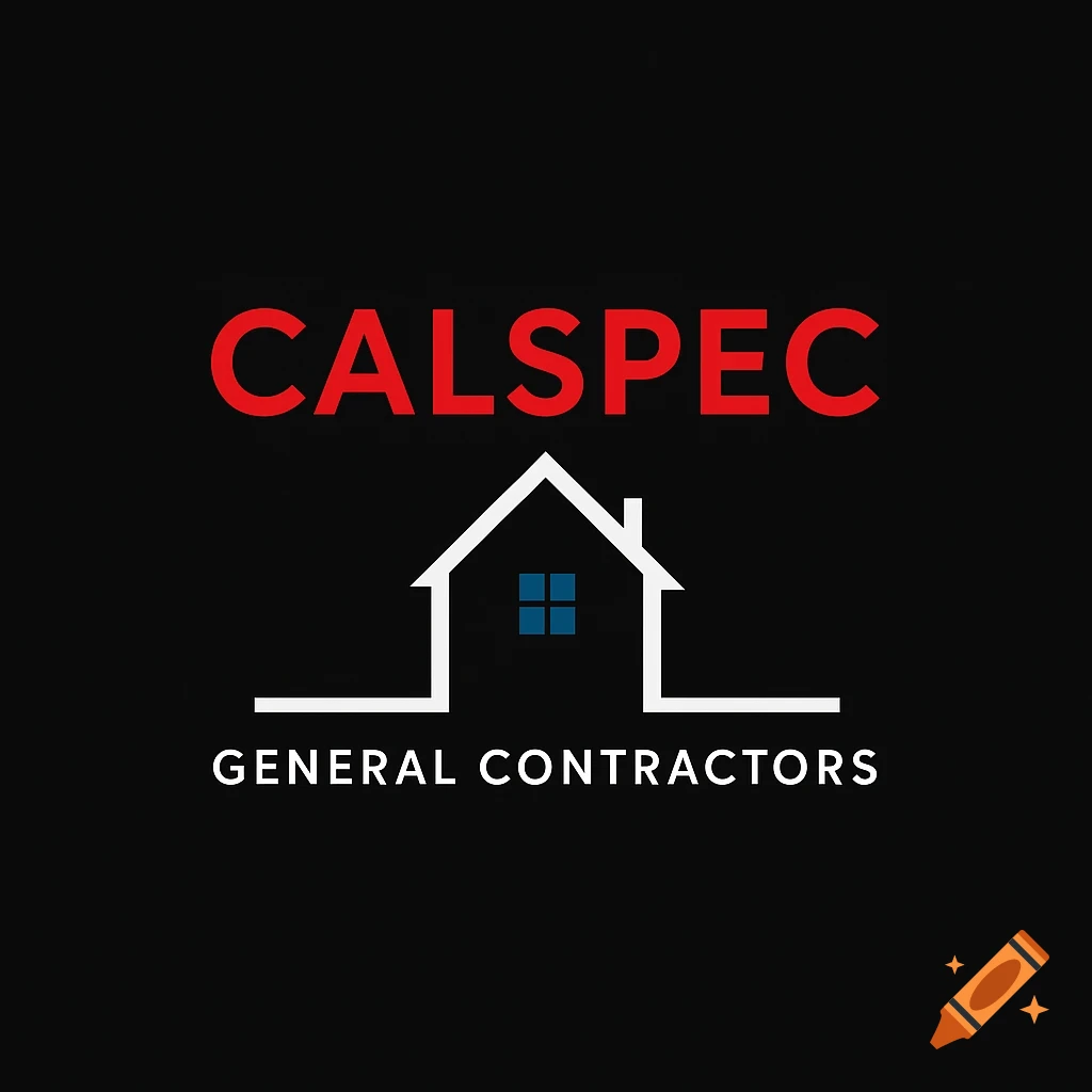 A modern logo for Calspec General Contractors, featuring the text 'CALSPEC' in red above a white house outline, and 'GENERAL CONTRACTORS' in white below the house, all on a black background.