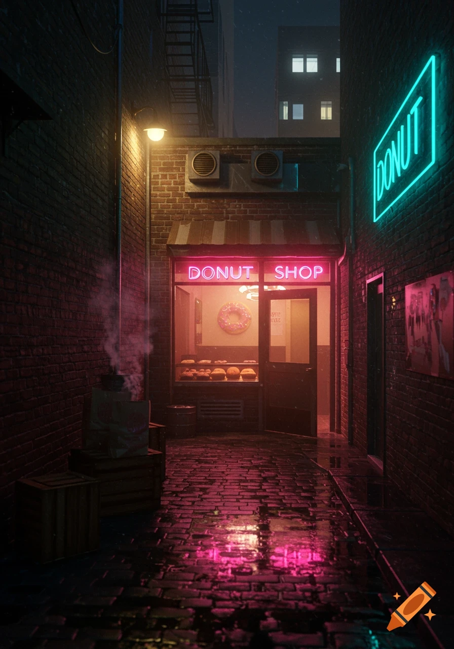 A neon-lit donut shop in a dark, wet brick alley at night with reflections on the cobblestones, photorealistic style.