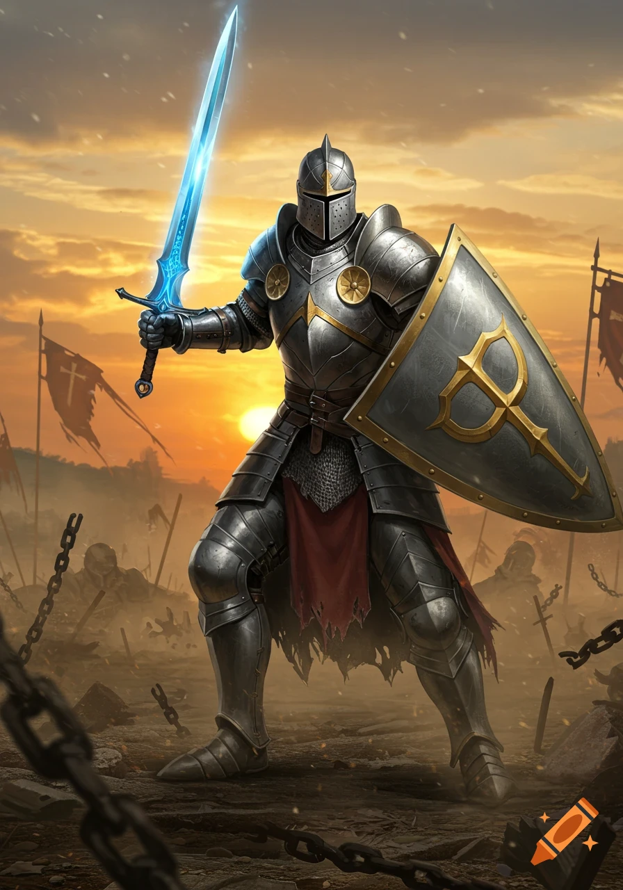 A fully armored knight with a glowing blue sword and shield stands on a battlefield at sunset.