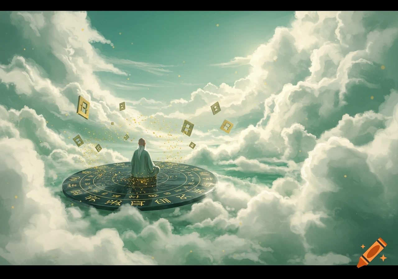 A figure meditates on a large disc with symbolic characters, floating amidst ethereal clouds in a serene, mystical landscape.