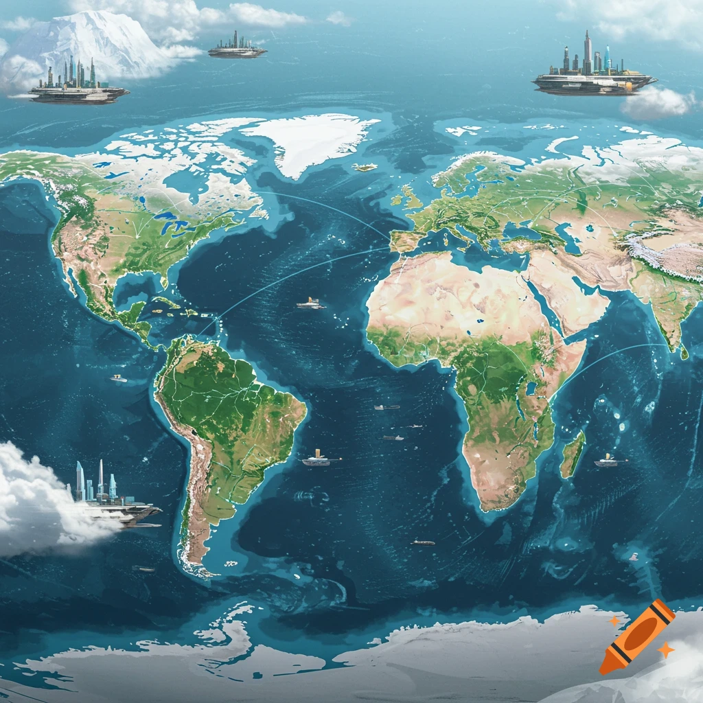 An illustrative world map featuring landmasses, oceans, and futuristic flying cities connected by routes.