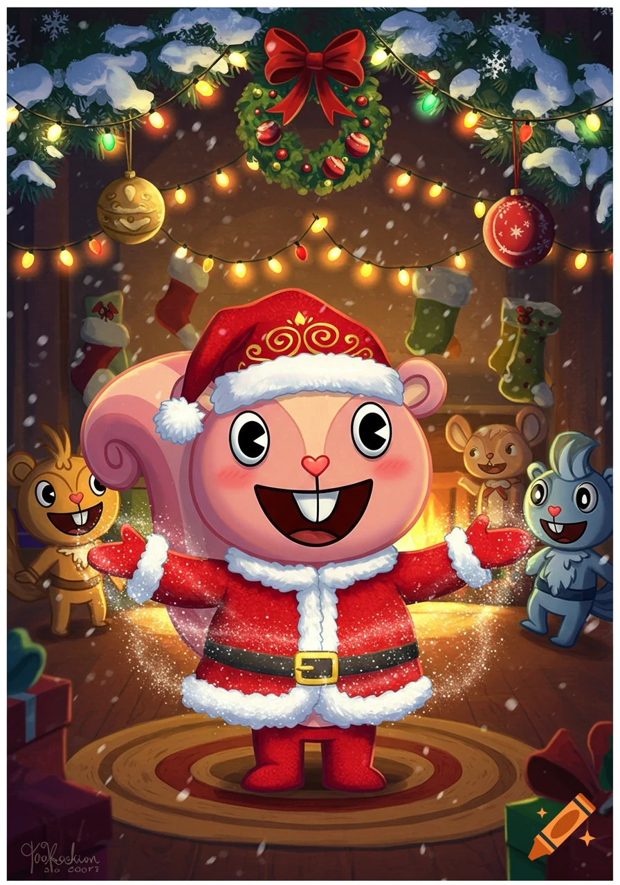 A pink squirrel-like Happy Tree Friends character in a Santa suit stands in a festive Christmas room with lights, wreath, and other characters.