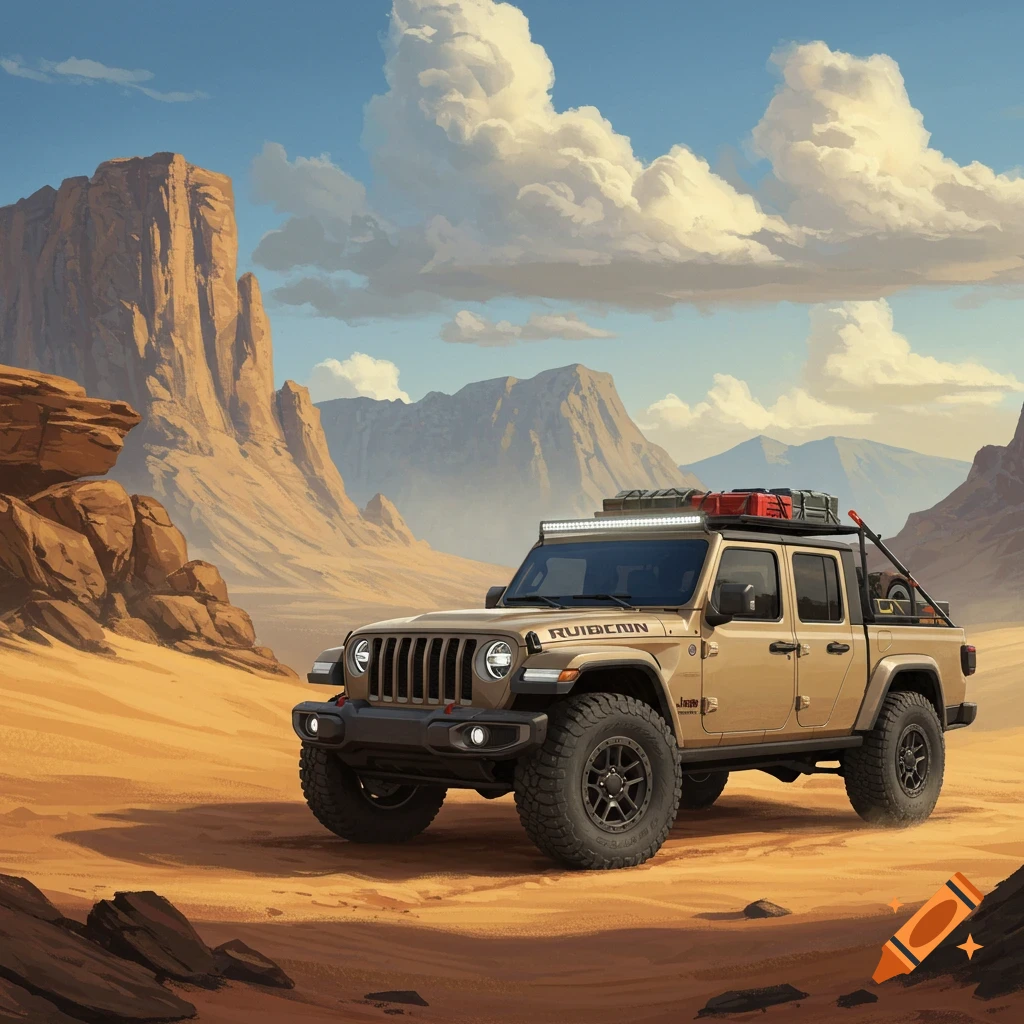 A tan Jeep Gladiator overlander parked in a vast desert landscape with large rock formations and a cloudy sky.