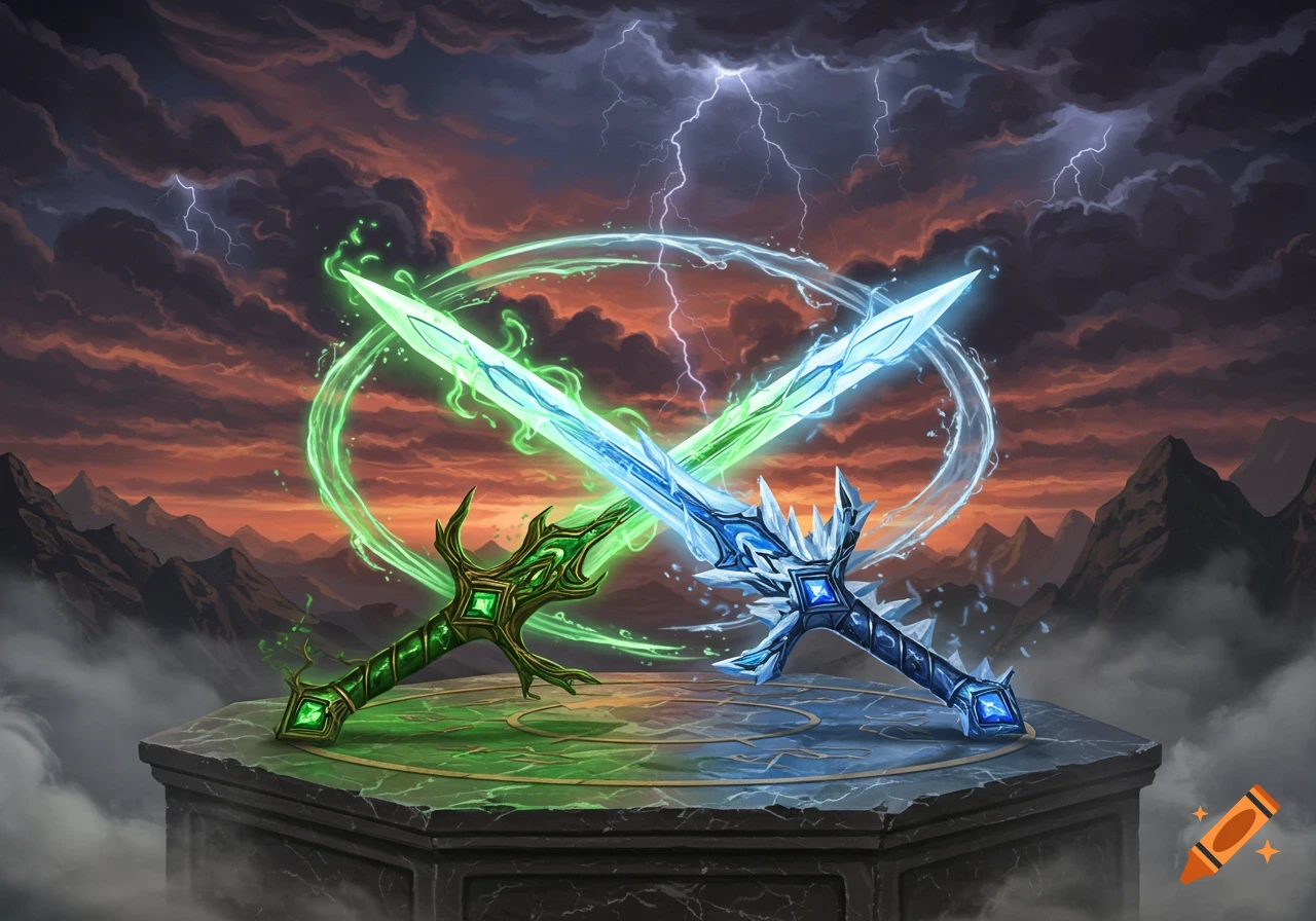 Two glowing fantasy swords, one green and one blue, cross over a stone pedestal amidst stormy mountains and lightning.