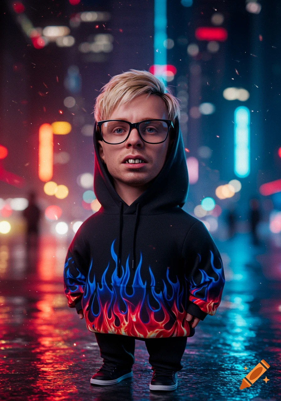 A stylized portrait of a short man with blond hair, glasses, and buck teeth, wearing a black hoodie with blue and red flames, standing on a wet city street at night.