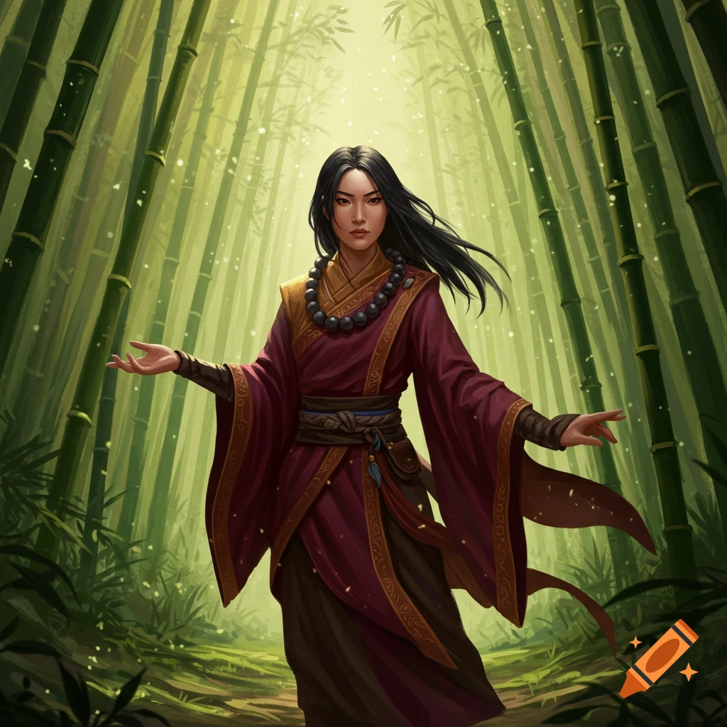 A female monk in maroon robes stands with open hands in a brightly lit bamboo forest. Illustrated digital art.