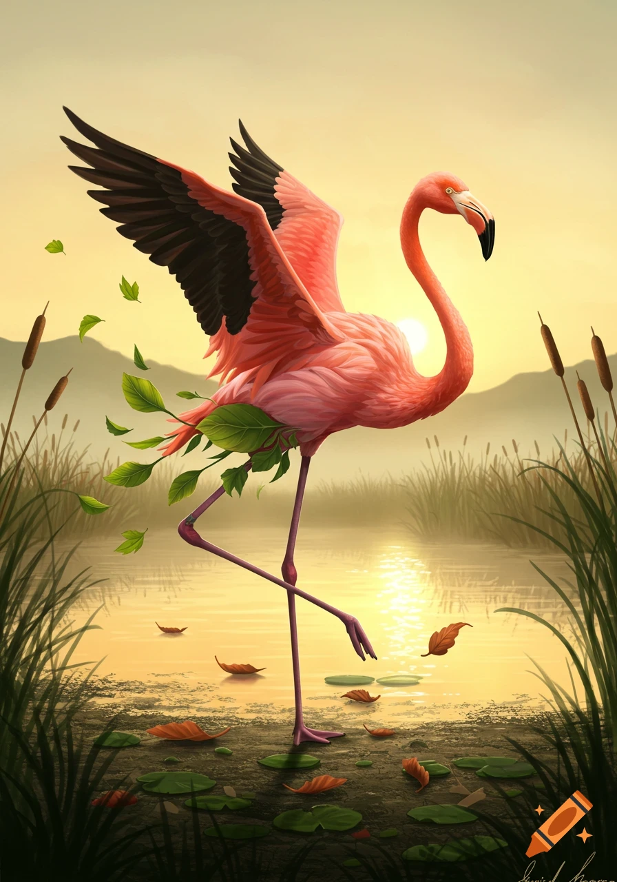 A painted flamingo with pink feathers and black wings stands in a marsh, with green leaves integrated into its body and falling around it, at sunset.