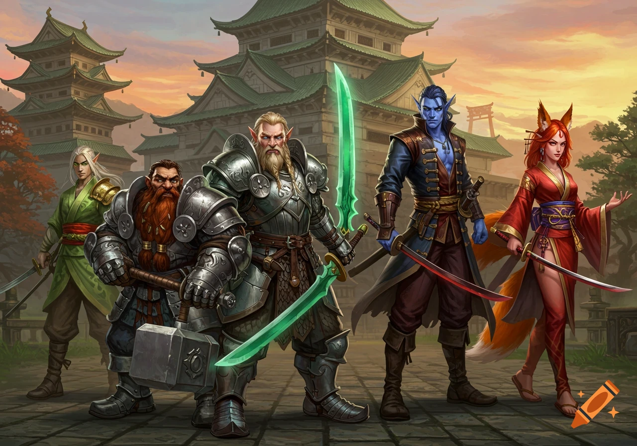 Five diverse fantasy characters, including a dwarf, elves, and a fox-like human, stand armored before a Japanese castle at sunset.