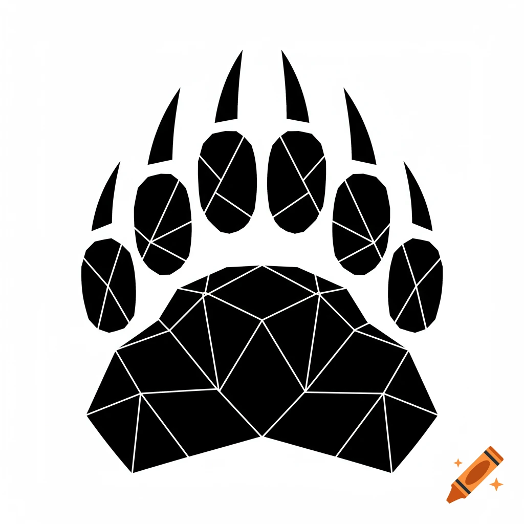 A black and white geometric bear paw made of polygons and lines, resembling a barn quilt design.
