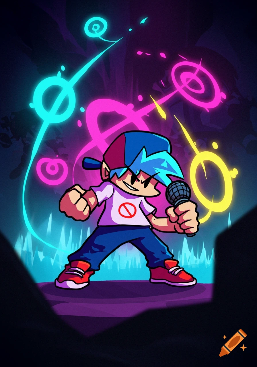 A stylized cartoon character with blue hair and a red and blue cap holds a microphone, standing on a dark platform surrounded by glowing neon pink, yellow, and blue lights.
