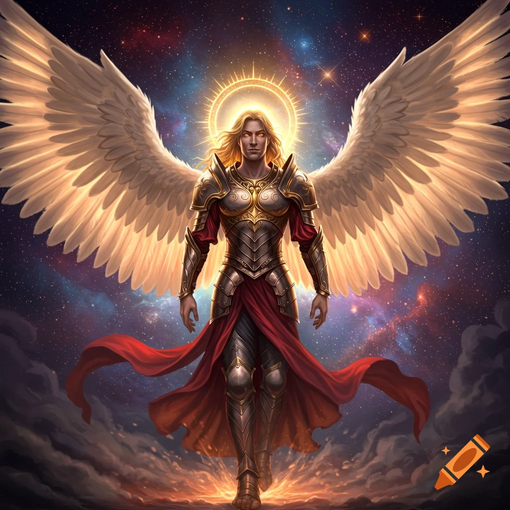 A powerful archangel with golden hair and a halo, in ornate golden armor and a red sash, stands against a cosmic starry sky with clouds.