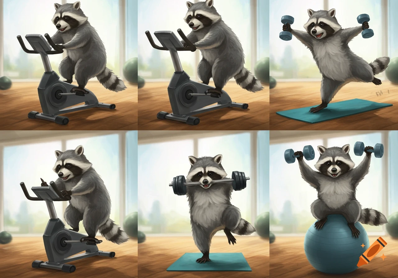 A grid of six illustrations showing a cute raccoon exercising on a bike, doing yoga with weights, and lifting weights on a stability ball.