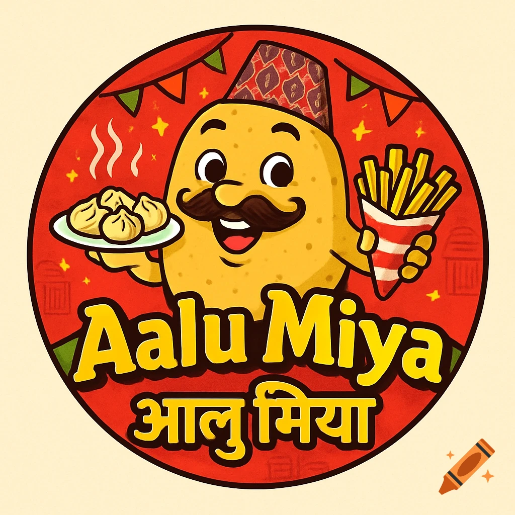 Cartoon potato mascot with a mustache and Nepali hat holding momos and fries in a circular logo with 'Aalu Miya' text.