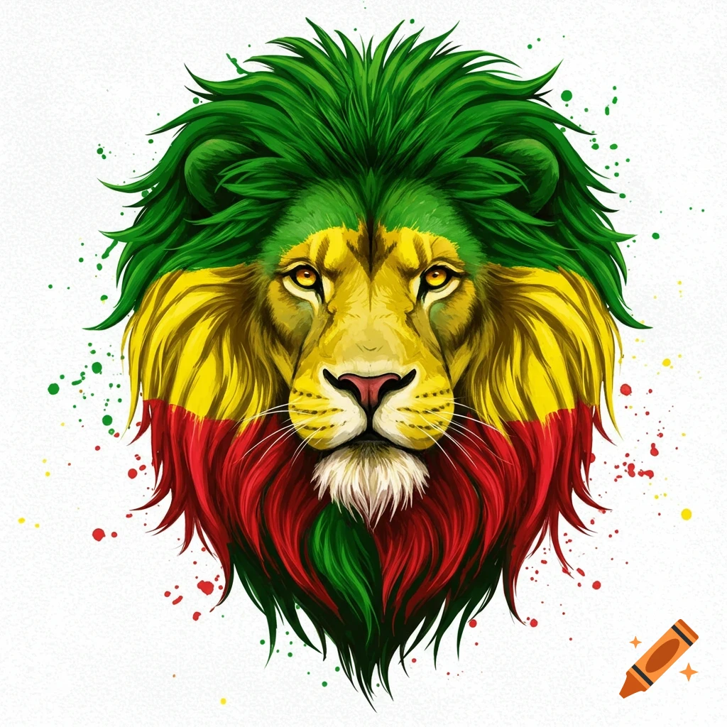 Stylized lion head with a green, yellow, and red mane, resembling the Ethiopian flag colors, on a white background with paint splatters.