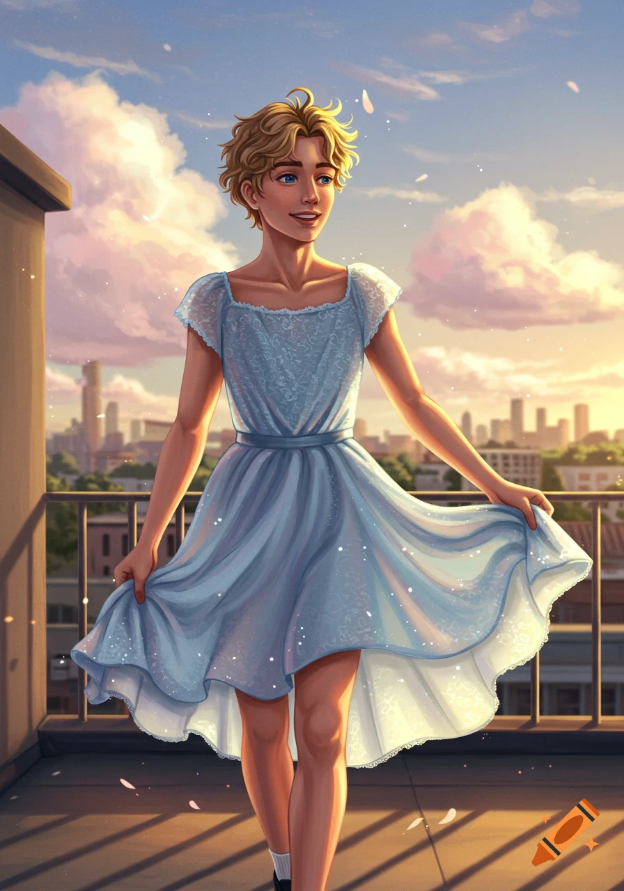 A blonde high school boy in a light blue lace dress stands on a balcony at sunset with a city skyline.