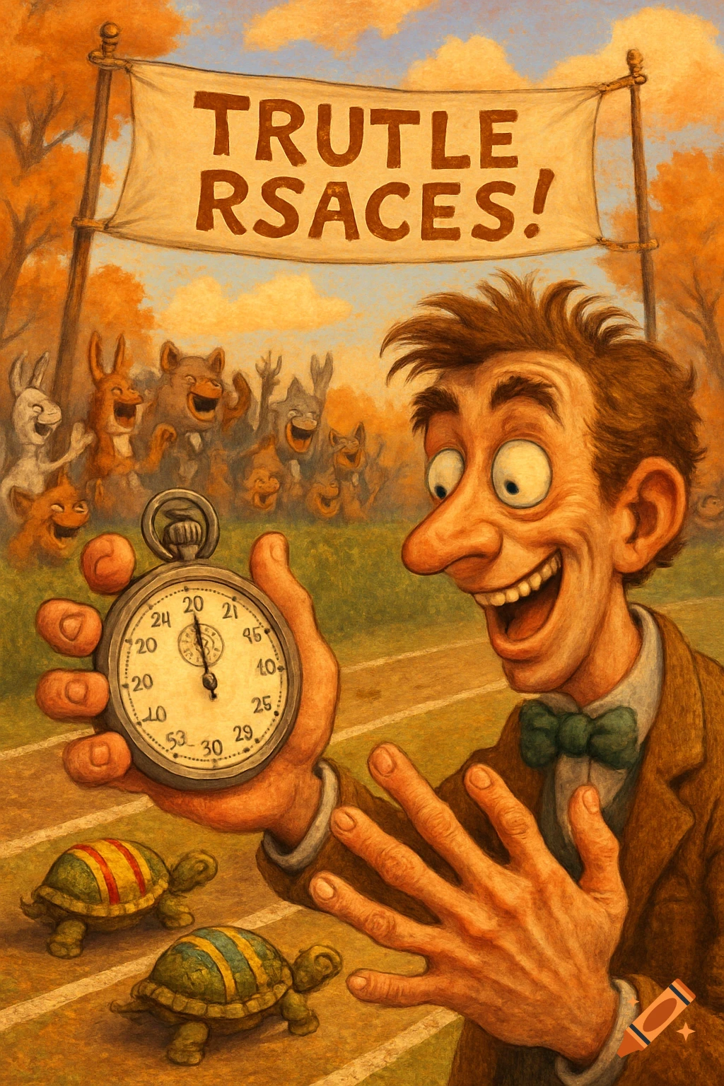Humorous illustration of a man with too many fingers timing two racing turtles, watched by laughing animals under a 'TRUTLE RSACES!' banner.