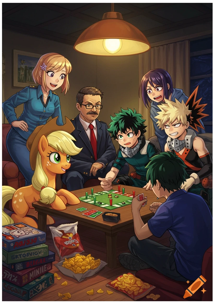 An anime-style illustration of characters including Applejack, Deku, and Bakugo gathered around a table playing a board game, with snacks nearby.