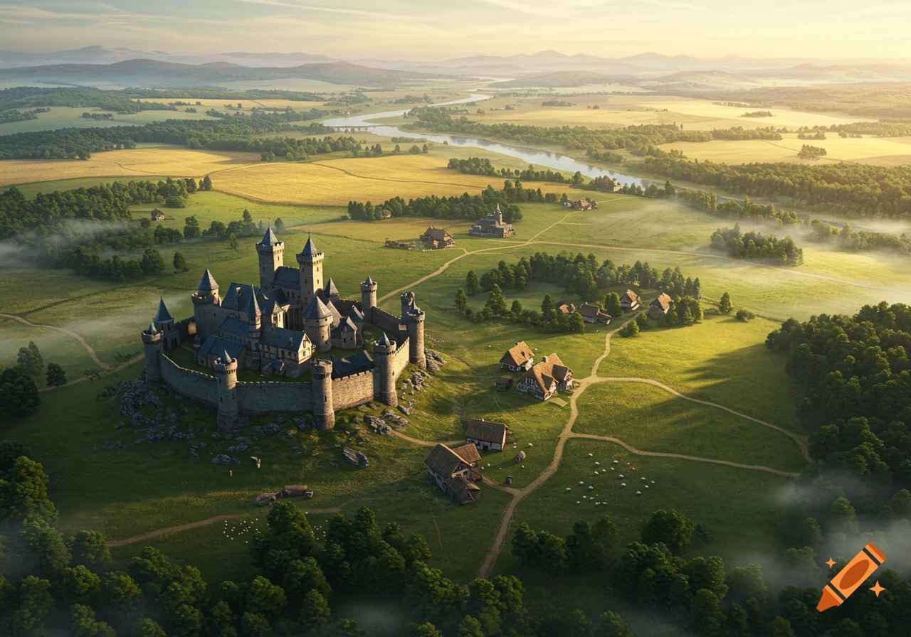 Aerial view of a medieval castle on a hill, surrounded by a village, fields, forests, and a winding river under a golden, hazy sky.