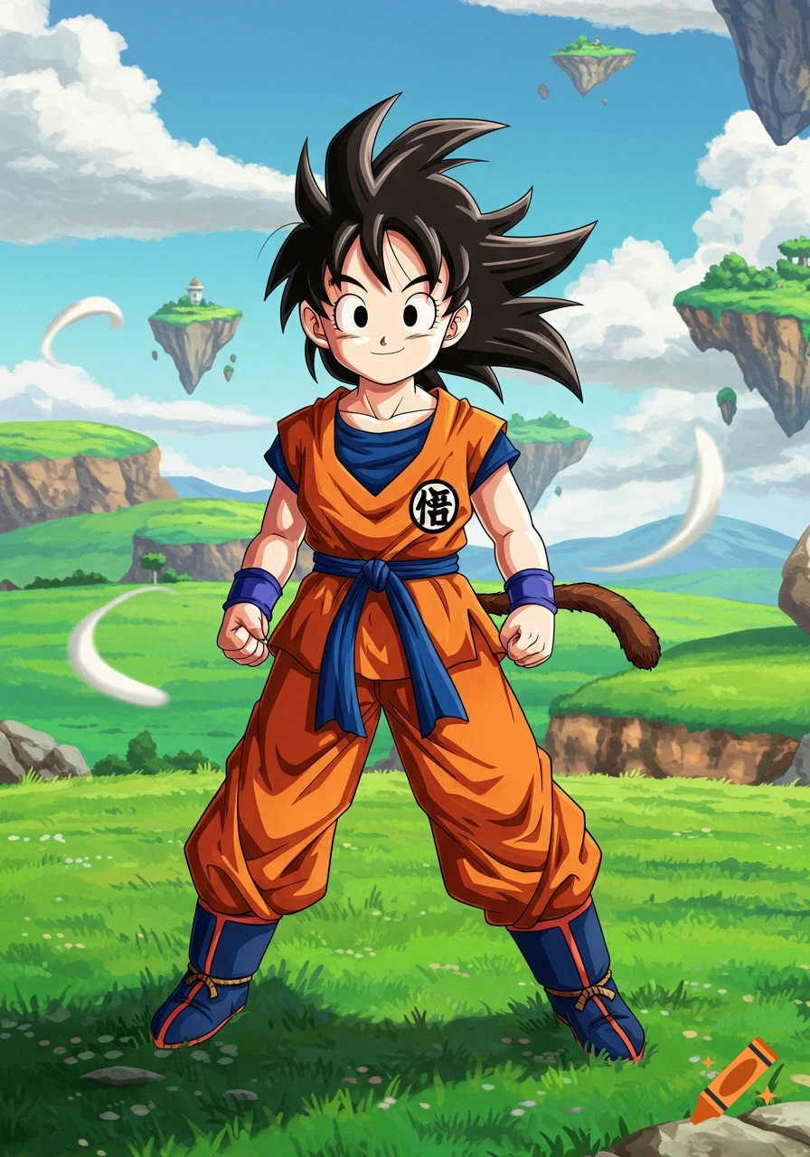Anime illustration of young Goku standing in a green field with floating islands in the background.