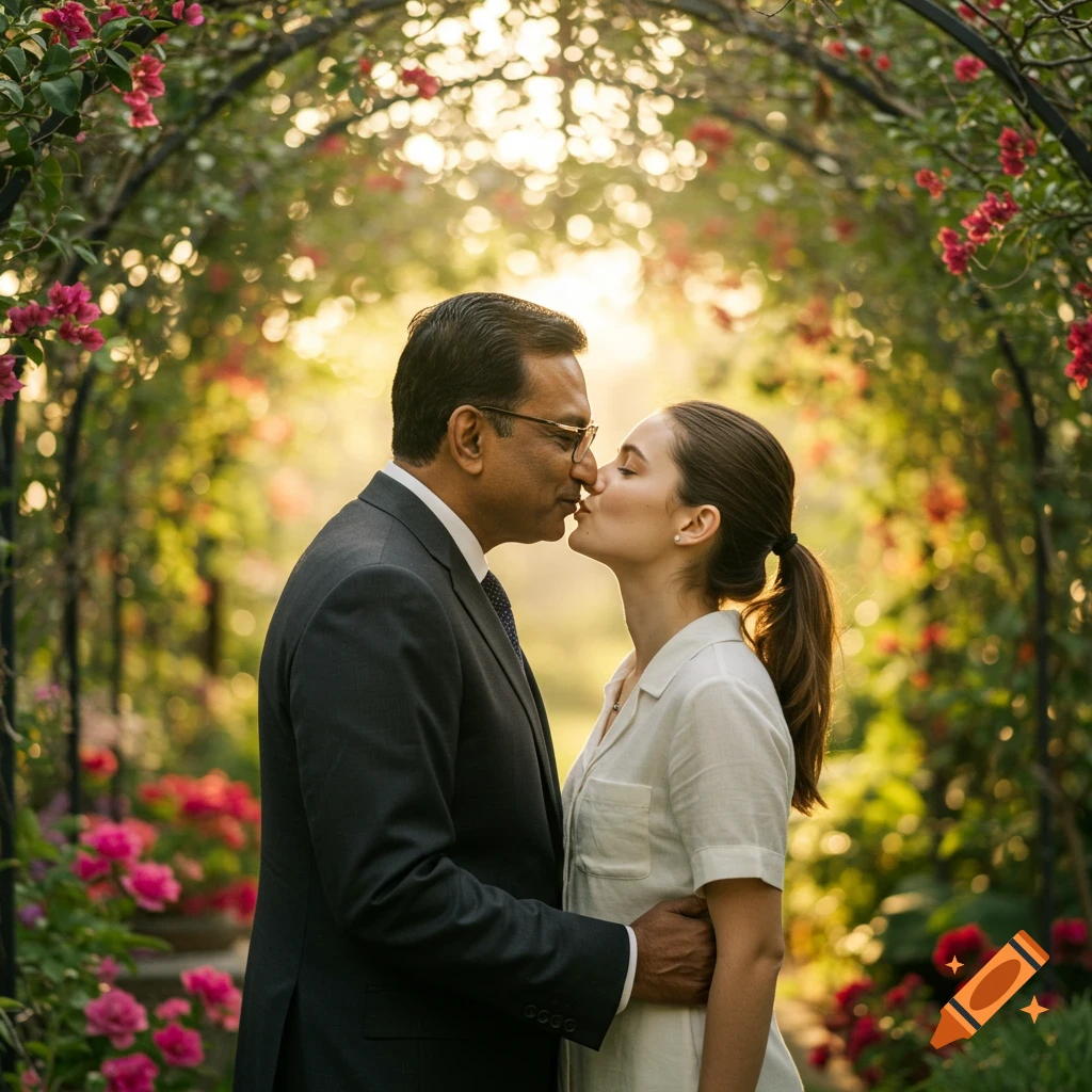 A photorealistic image of an Indian man and a Caucasian woman kissing under a floral garden arch at sunset.