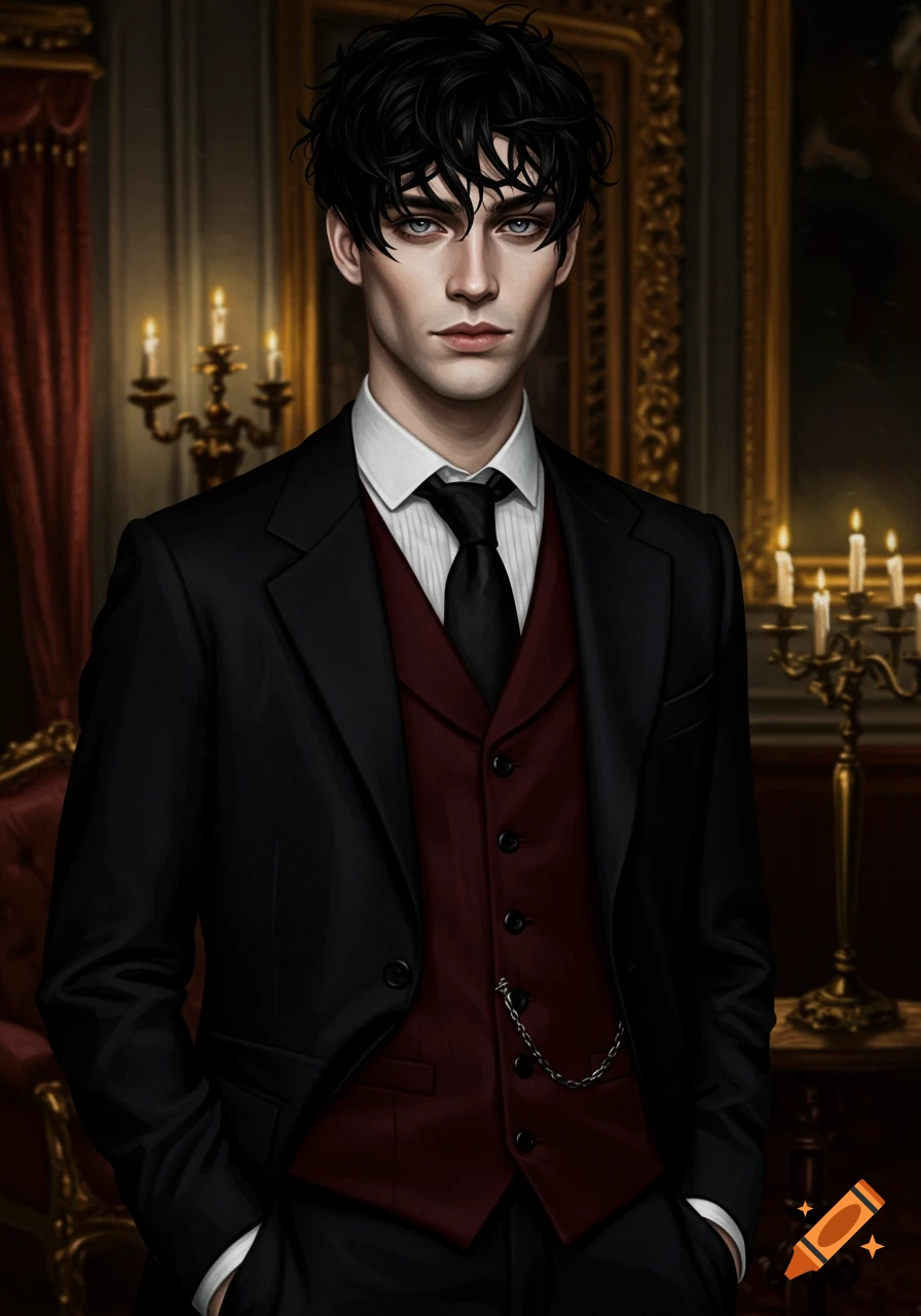 A serious-looking young man with messy black hair, grey eyes, and pale skin wears a black suit with a red vest in an elegant room.