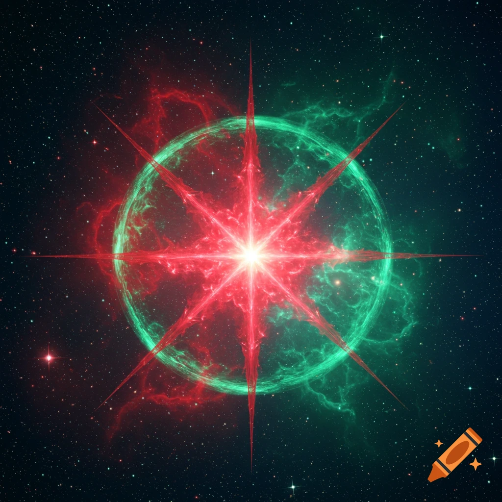 A vibrant red and green star or nebula with spiky rays in deep space.