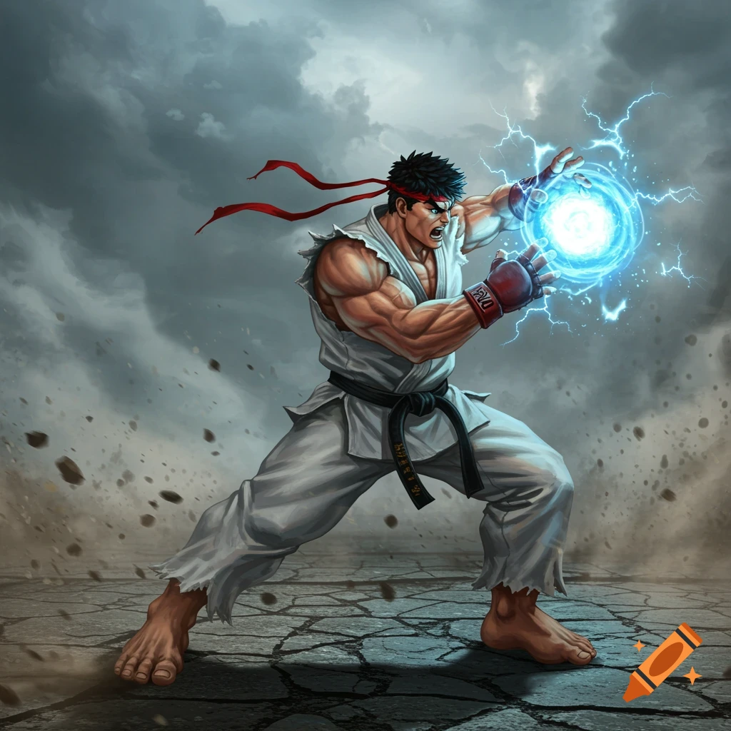 Ryu from Street Fighter in a white gi, headband, and red gloves, stands in a fighting stance, generating a blue energy ball (Hadoken) between his hands amidst a stormy sky and cracked ground.