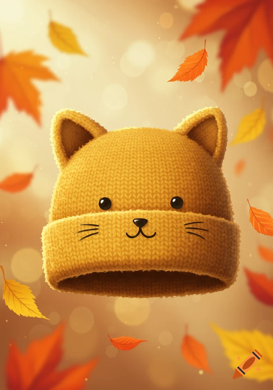 A cute knitted yellow cat beanie hat floats among falling orange and yellow autumn leaves with a warm bokeh background.