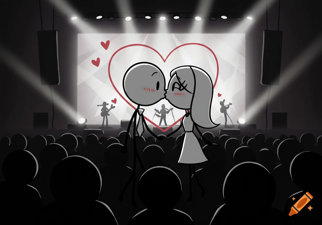 Cartoon stick figures, a male and female, kiss on a concert stage framed by a large red heart, with audience silhouettes in the foreground and a band in the background under spotlights.