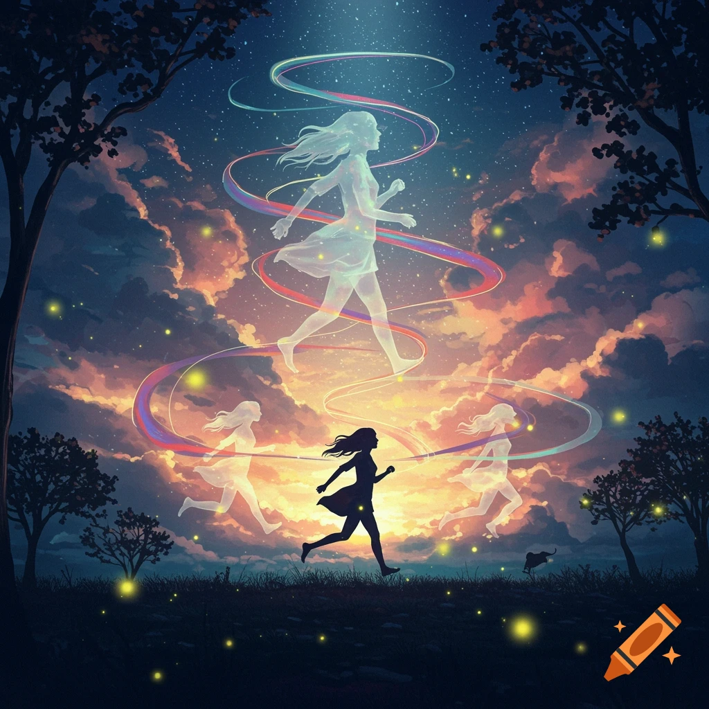 A silhouetted woman runs on a hill as ethereal figures ascend into a starry, vibrant sunset sky with colorful light ribbons.