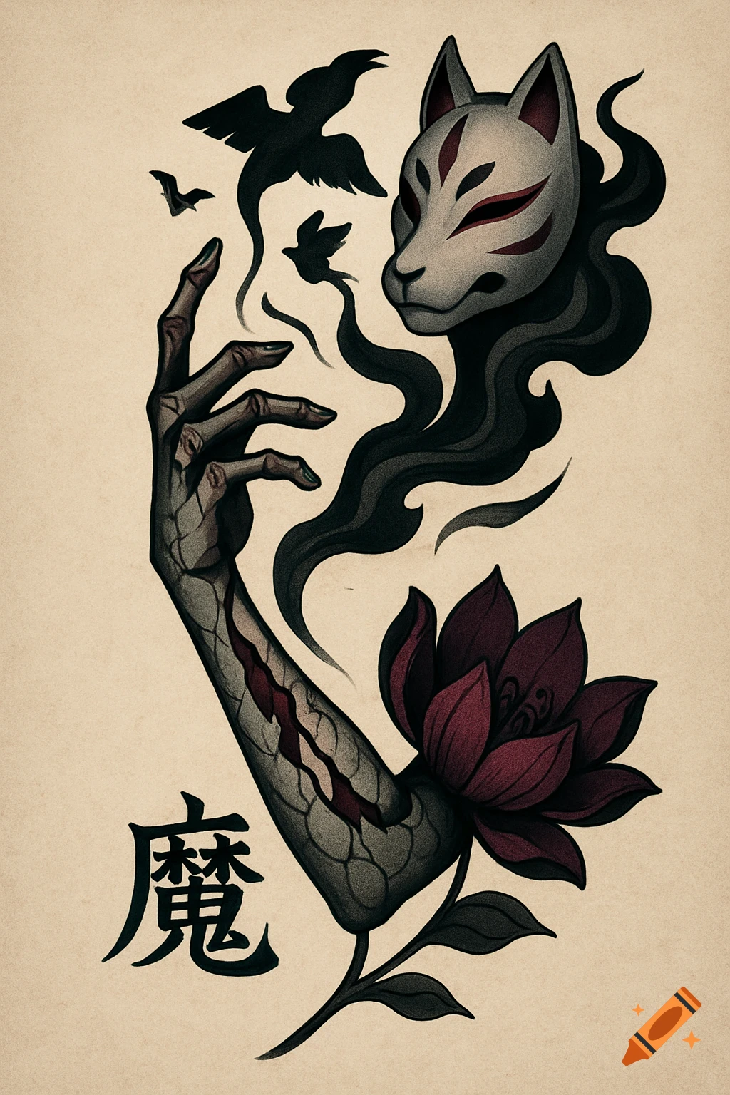 Neo-traditional tattoo art with a skeletal hand, kitsune mask, smoke, birds, lotus, and Japanese kanji.
