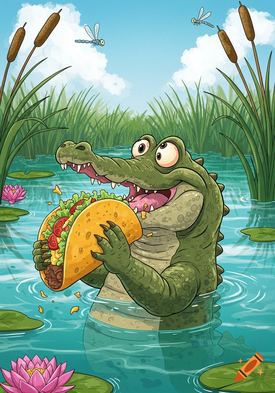 A funny cartoon alligator in a pond eating a taco, with lily pads and cattails. Dragonflies fly in the sky.