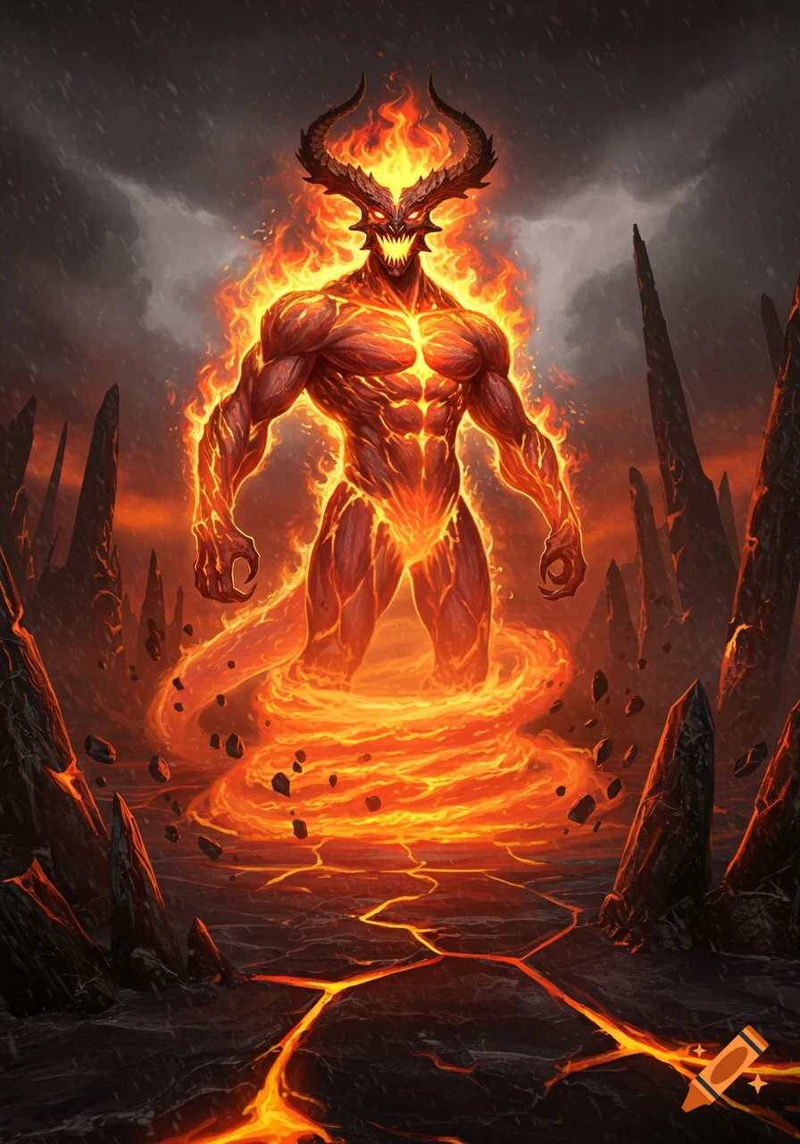 A towering, muscular, horned demon made of fire emerges from a swirling lava pool in a dark, volcanic landscape.