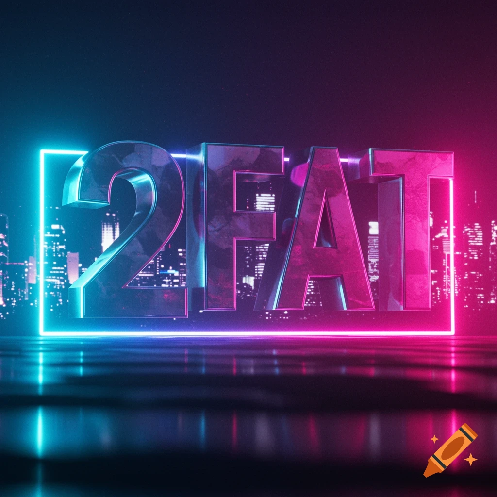 3D text "2FAT" in a neon blue and pink frame over a dark cityscape, with reflections on a wet surface.