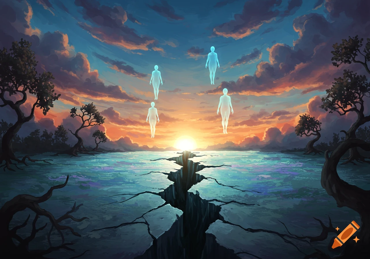 Four ethereal figures float over a cracked landscape under a vibrant sunset sky, in a digital painting style.