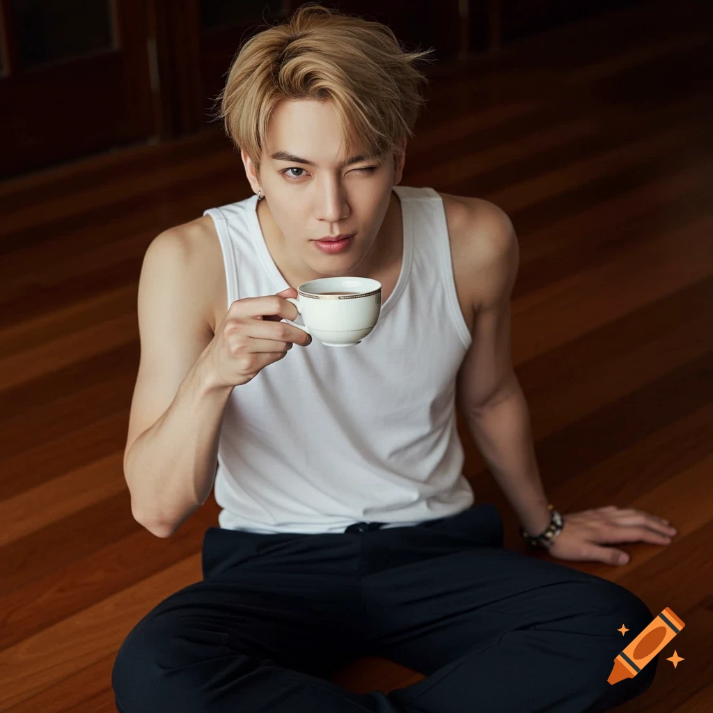 A hyperrealistic photo of a young man with blonde hair winking and sipping tea from a white cup on a wooden floor.