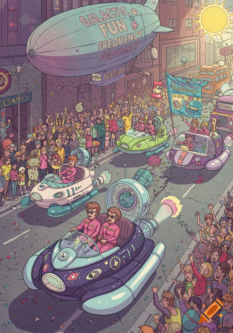 A colorful cartoon drawing of a futuristic parade with flying cars, a large blimp, and a crowd of people cheering in a city street.