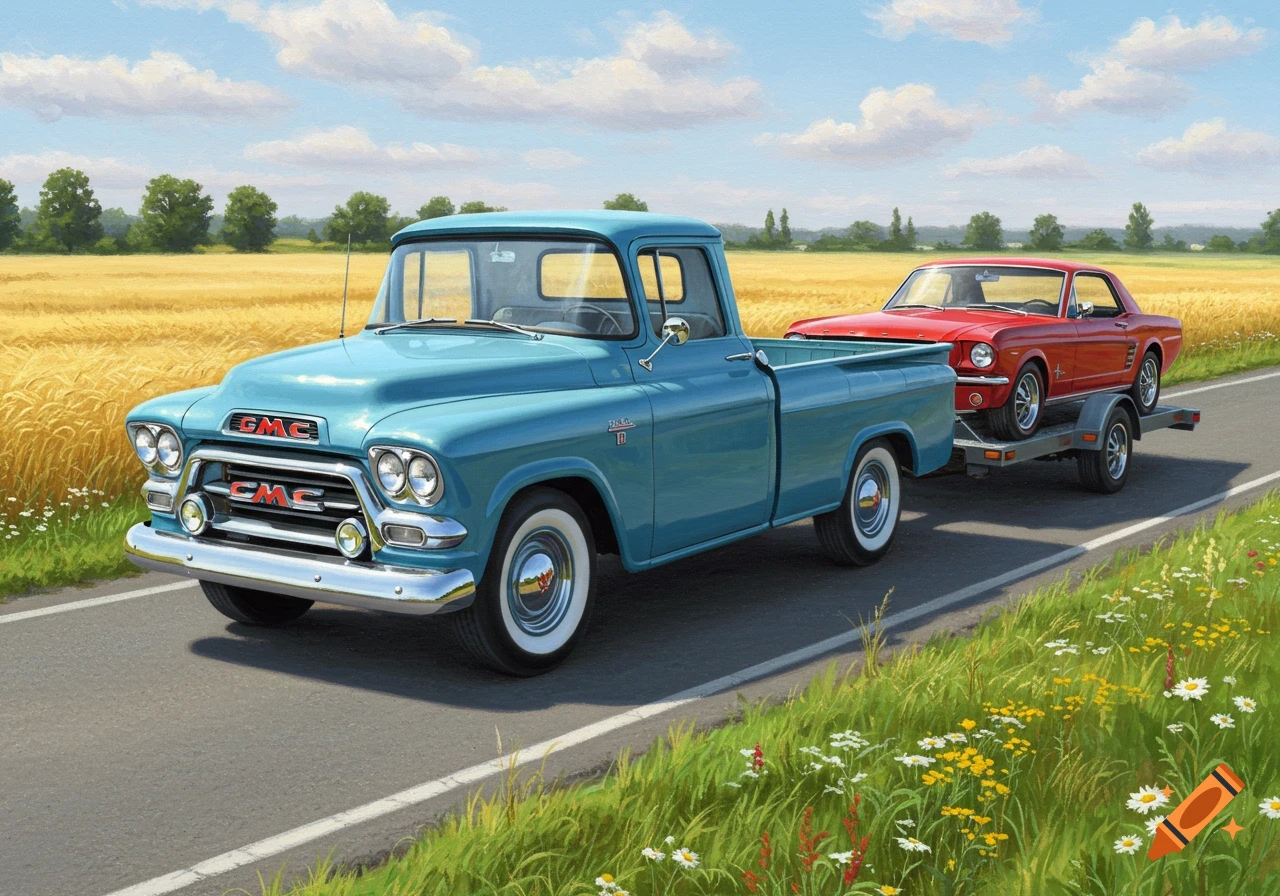 A blue vintage GMC pickup truck towing a red Ford Mustang on a trailer, driving through a golden field under a blue sky.