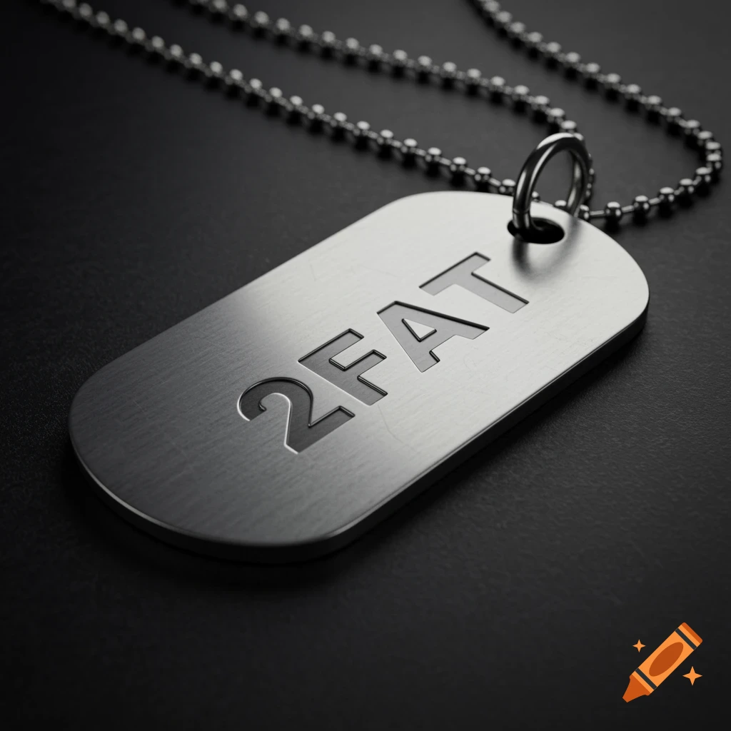A close-up, photorealistic view of a silver dog tag with "2FAT" carved into its surface, resting on a dark background.