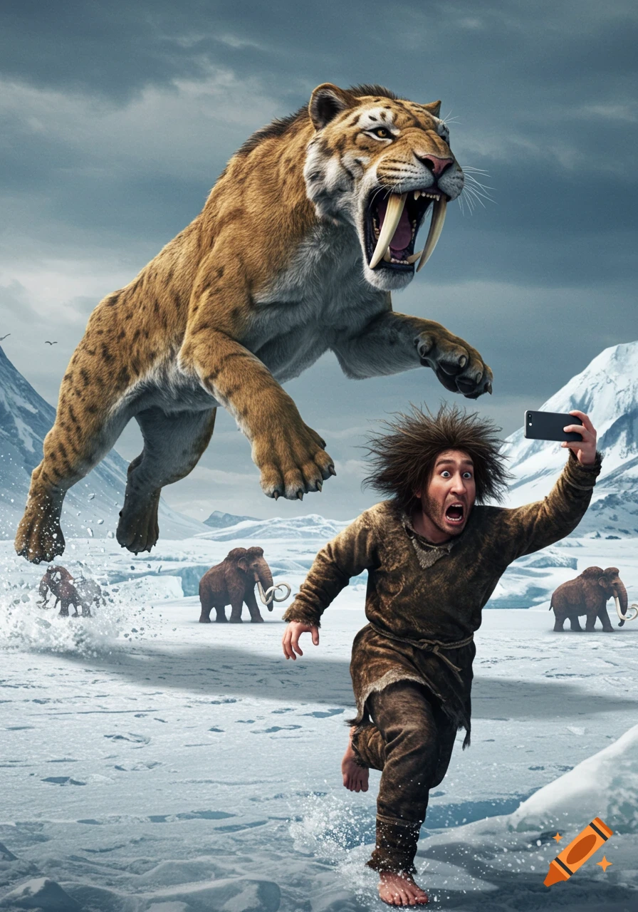 A caveman screams while taking a selfie as a saber-toothed tiger leaps at him in a snowy prehistoric landscape with mammoths.