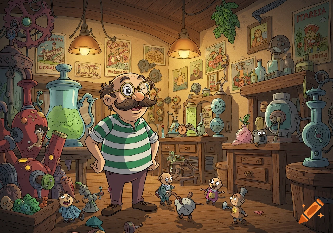 A cartoon man with a mustache in a striped shirt stands in a cluttered inventor's workshop surrounded by small figures and machines.
