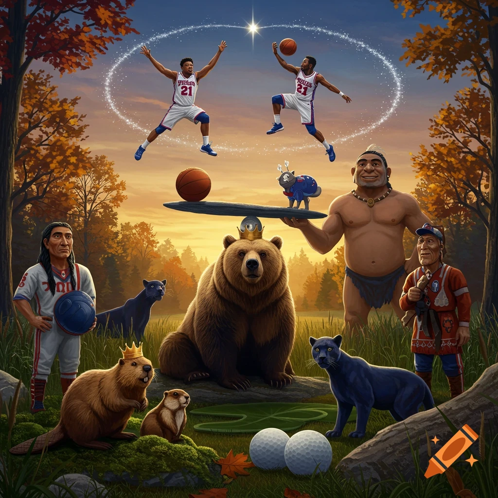 A fantastical forest scene with a giant, a chief, and a bear wearing a crown, surrounded by a beaver, woodchuck, and panthers. Two basketball players float above with a star and glowing rings, while two golf balls lie on the grass.