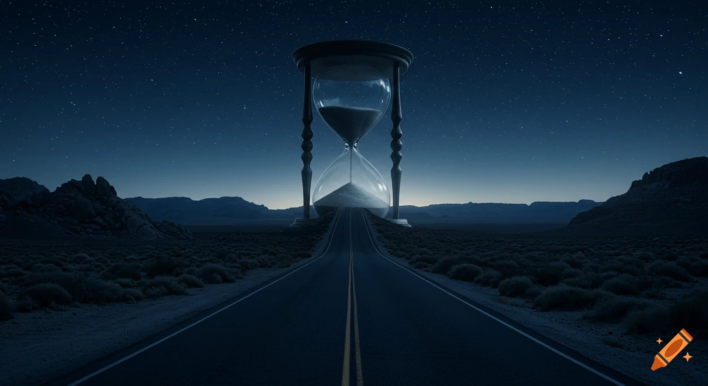 A surreal image of a long road leading to a giant hourglass in a dark desert under a starry night sky.