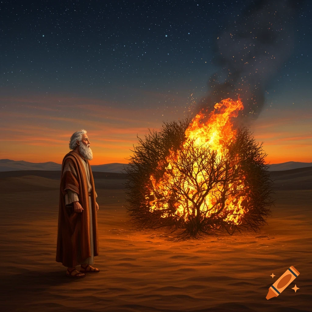 A robed man with a long beard stands in a desert staring at a large bush engulfed in flames under a starry, sunset sky.
