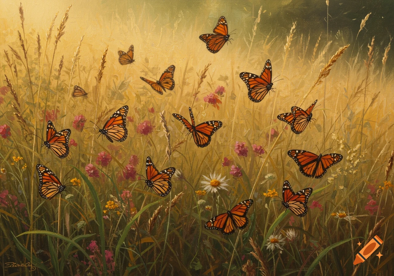 Monarch butterflies fly through a sunlit field with tall grass and wildflowers, painted in a realistic style.
