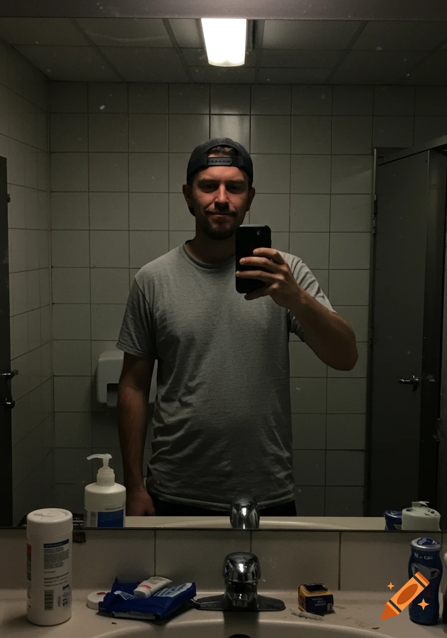 A man in a grey t-shirt and black baseball cap takes a mirror selfie in a dimly lit public bathroom.