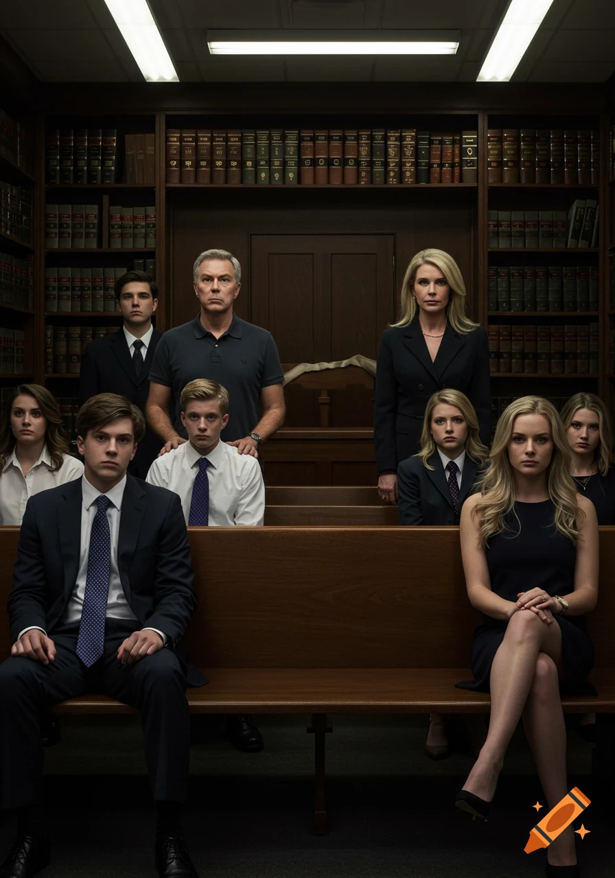 A group of somber people, including adults and young adults, sit in rows of wooden benches within a dim courtroom or library setting, looking directly forward.